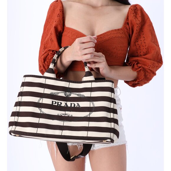 PRADA Canapa Large Canvas Tote Bag Brown White Stripe Shoulder Bag - Picture 1 of 16